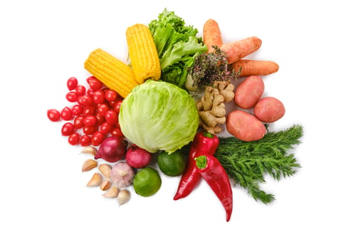 Preview: Overhead view of assortment of fresh juicy vegetables