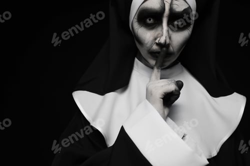 Preview: Portrait of scary devilish nun on black background, space for text. Halloween party look