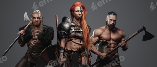 Preview: Strong female viking with red hairs and two vikings