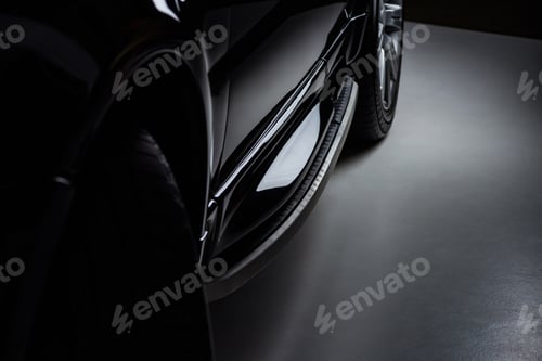 Preview: close up view luxury shining black automobile on dark background