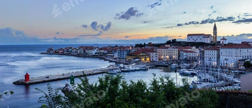 Preview: Aerial panoramic view of Port Piran at sunset