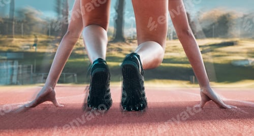 Preview: Start, running and sports with shoes of person on race track for fitness, speed and marathon traini