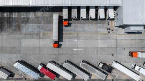 Preview: Aerial top view semi truck cargo trailer at logistic park warehouse goods, Distribution