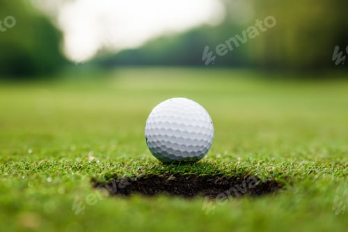 Preview: Golf ball on green meadow. golf ball on lip of cup