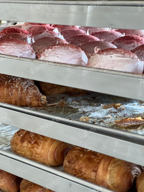 Preview: trays of freshly baked goods on a bakery rack like macaroons and croissants