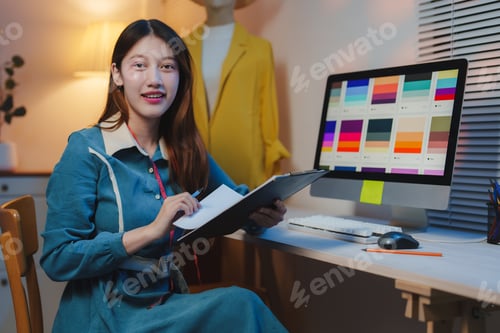 Preview: Asian female fashion designer working at night choosing colors for new clothes collection