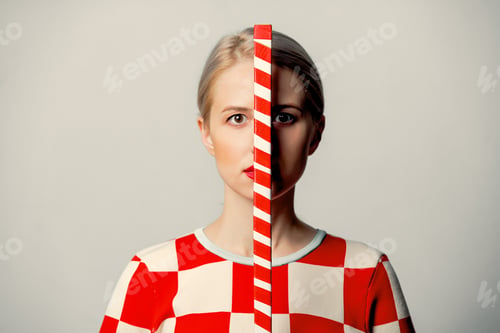 Preview: Beautiful woman with blond hair in in a 70s red square dress with striped stick