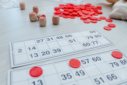 Preview: Traditional Russian board game Russian Lotto. Cards with numbers, closeup.