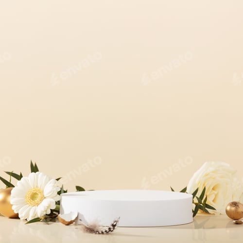 Preview: Empty round podium, easter gold eggs with spring flowers on a yellow background.