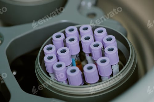 Preview: Collection of Blood Sample Tubes with Purple Caps in Holder