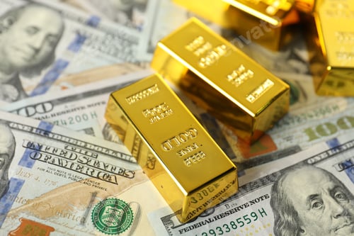Preview: Shiny gold bars and dollar banknotes on table, closeup