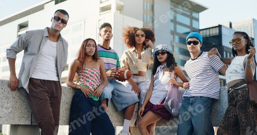 Preview: Urban, cool or friends in city with fashion in summer for streetwear, edgy or trendy style together