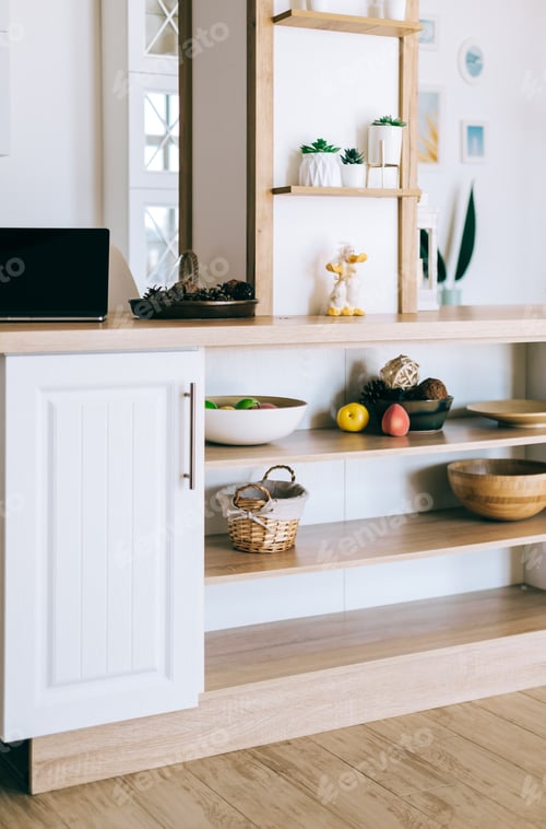 Preview: Interior of modern kitchen in a Scandinavian style with wooden shelves and wooden dishes