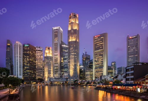 Preview: Waterfront and financial district skyline at night, Singapore