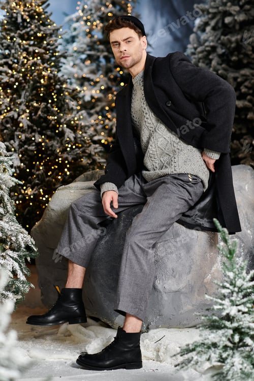 Preview: A stylish man embraces winter magic among snow-covered pine trees for the festive season