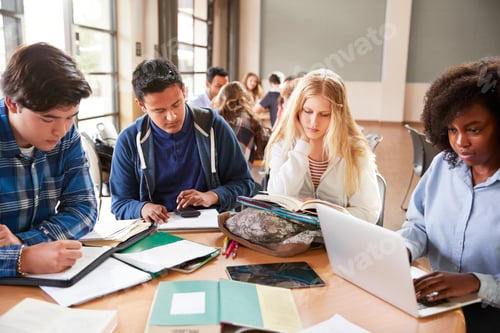 Preview: High School Students Using Laptops And Digital Tablets Working With Female Teacher At Desk