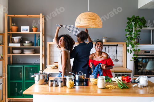 Preview: Three mixed race hispanic and black women bonding at home