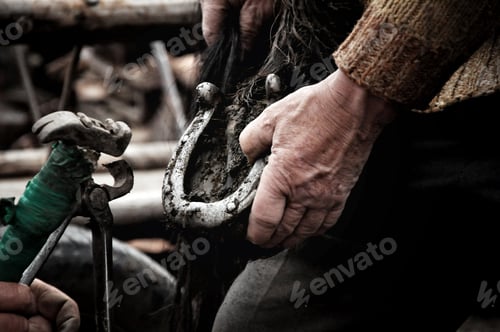 Preview: Farrier blacksmith hooves a horseshoe in a village