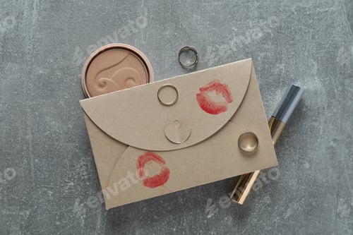 Preview: Imprint of a kiss on a letter on a gray background.