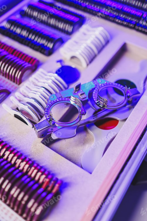 Preview: Medical set of therapeutic lenses for selecting glasses. Case with lenses for eye sight testing.