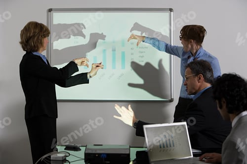 Preview: Businesspeople doing shadow puppets in front of whiteboard