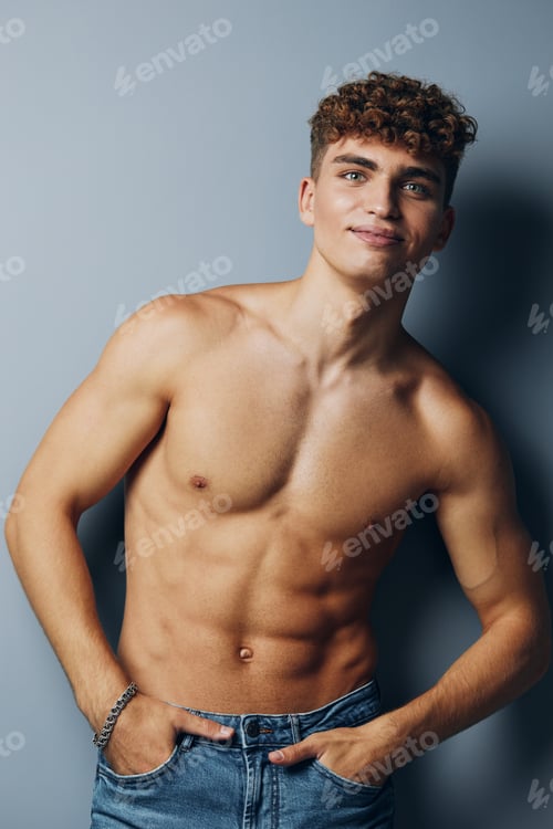 Preview: man person shirtless jeans handsome health abs attractive fashion background healthy body athletic