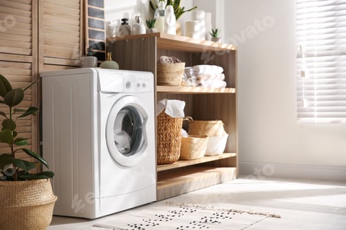 Preview: Modern washing machine and shelving unit in laundry room interior