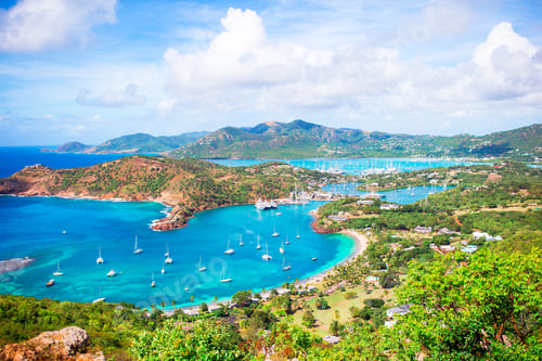 Preview: View of English Harbor from Shirley Heights, Antigua, paradise bay at tropical island in the