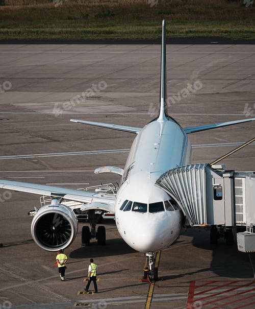 Preview: Airplane in parking position being serviced and refueled at an airport with workers walking by