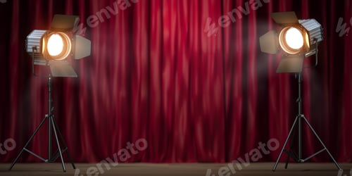 Preview: Stage or studio spotlight on red curtain background.