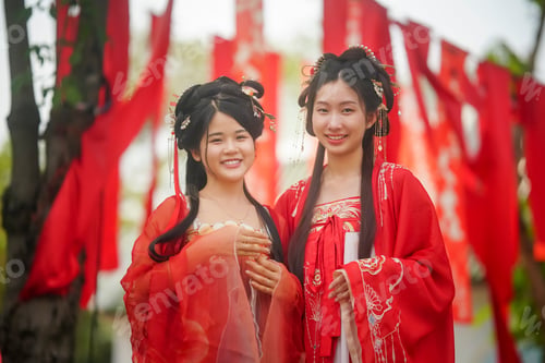Preview: Traditional celebration with two girls in red attire in a vibrant outdoor setting