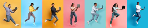 Preview: Diverse Happy People Jumping Up With Laptops In Hands