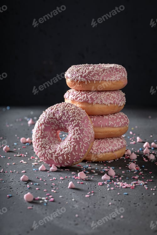 Preview: Sweet and yummy pink donuts with glaze and sprinkles