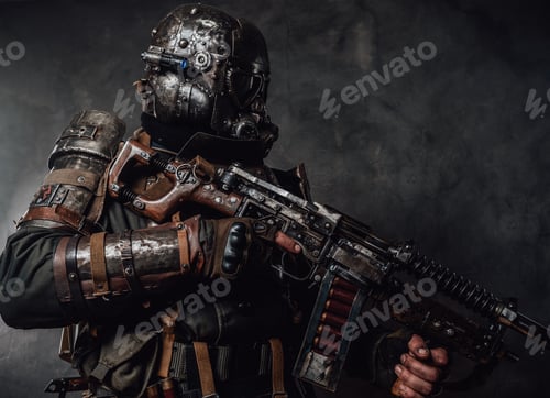 Preview: Apocalyptic armoured hunter with riffle in dark background