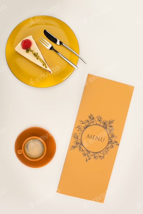Preview: top view of decorative menu with cup of coffee and dessert on white