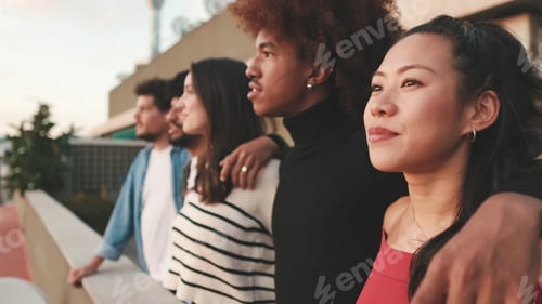Preview: Close-up of young people, guys and girls friends standing hugging each other