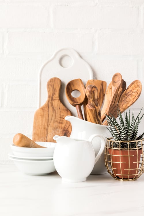 Preview: Kitchen utensils,tools and dishware .nterior, modern kitchen space in bright colors.