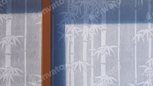 Preview: Mulberry paper sunshade curtain behind glass wall inside of room with sunlight and shadow on surface