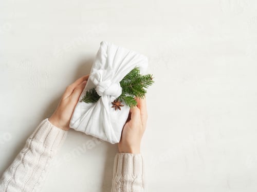 Preview: Woman hands hold Christmas reusable sustainable gift