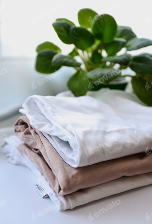 Preview: Laundered reusable T-shirt on domestic room with natural bucket and green home plant
