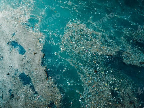 Preview: Indian ocean and plastic trash, aerial view. Pollution by rubbish in Indonesia
