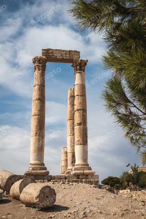 Preview: Ruins of Hercules temple in Amman Citadel, Jordan against the cloudy sky