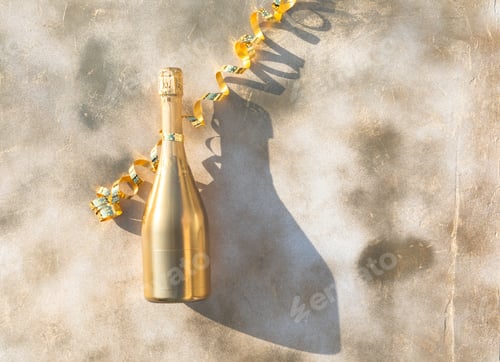 Preview: Bottle of Golden Champagne at the festive background.