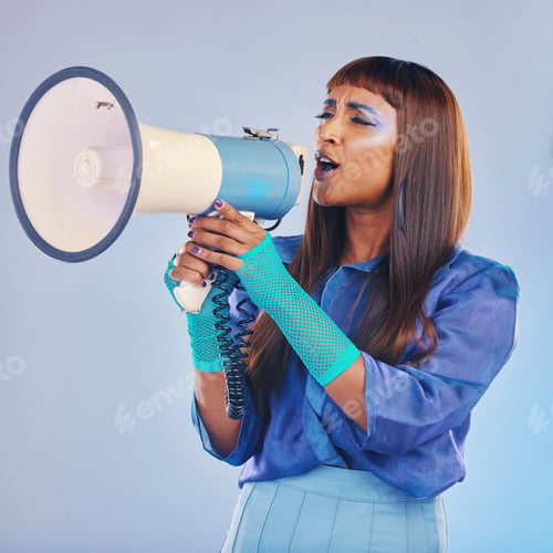 Preview: Woman, studio and megaphone protest for fashion, futuristic cyberpunk aesthetic or opinion. Young g