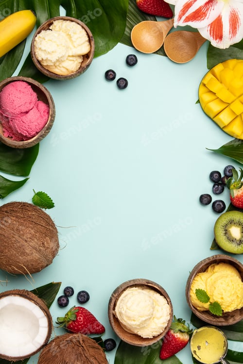 Preview: Creative flat lay with coconut ice cream and tropical plants