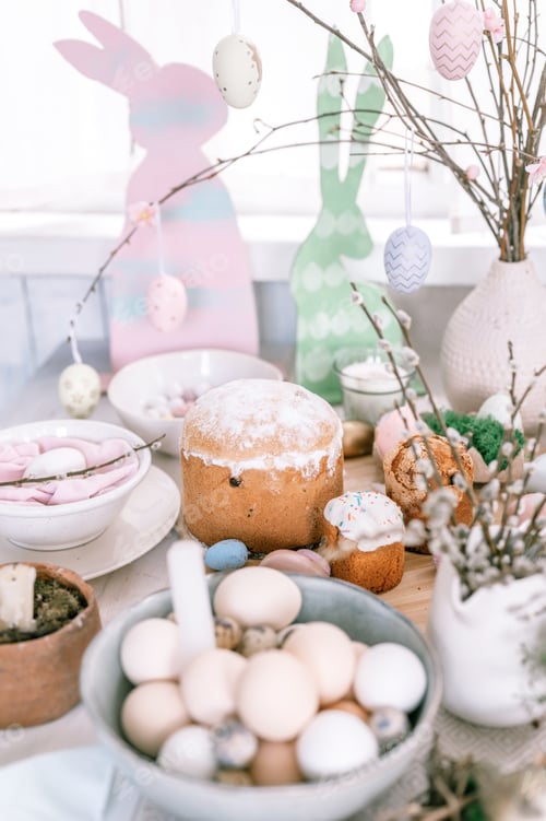 Preview: happy easter and spring holidays time. festive tablescape set decor. traditional dinner food easter