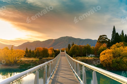 Preview: Arch bridge over Lake Tekapo in autumn forest at New Zealand