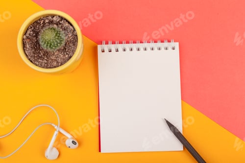 Preview: Notebook and cactus on colorful background with earphones and pencil during daytime