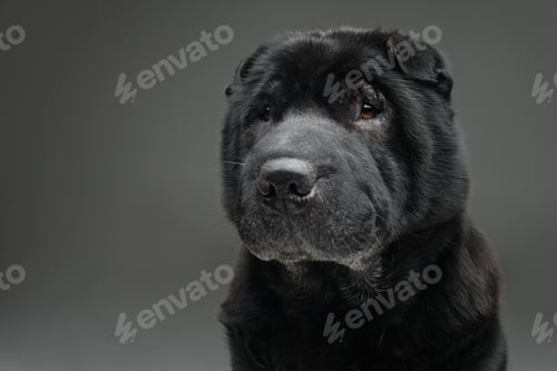 Preview: Beautiful black shar pei dog over grey background
