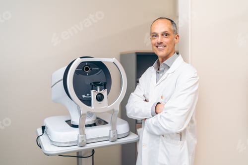 Preview: Confident Ophthalmologist Posing with Glaucoma Laser Machine